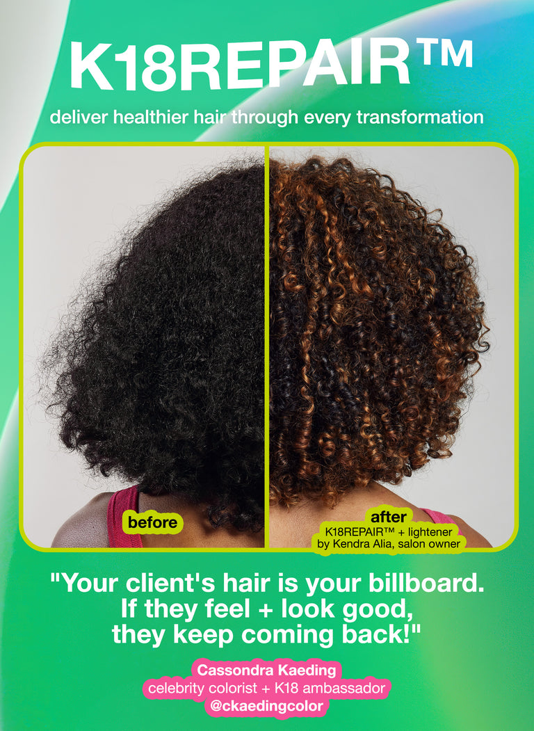 Before and after of 4c curly hair using the K18 starter set.