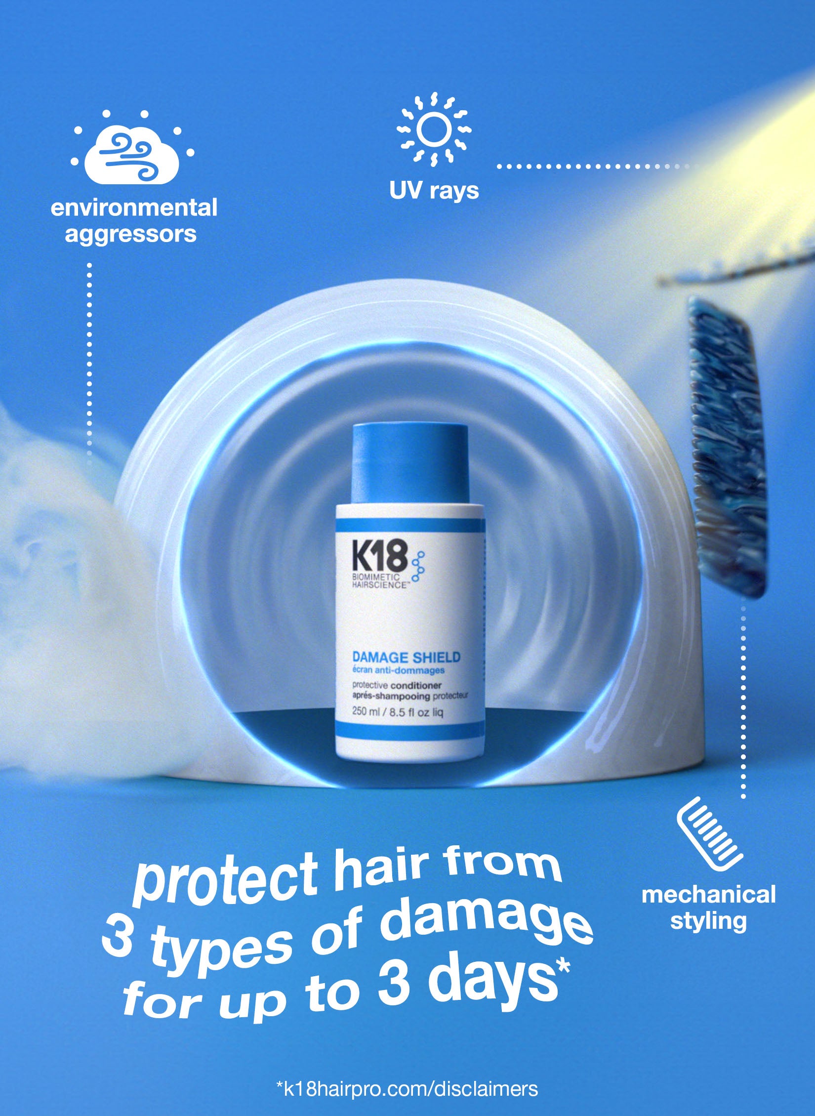 Imagen del acondicionador: protege el cabello de 3 tipos de daños hasta por 3 días*, agresores ambientales, rayos UV, peinado mecánico