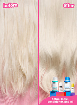 Imagen de antes y después usando detox, mascarilla, acondicionador y aceite.