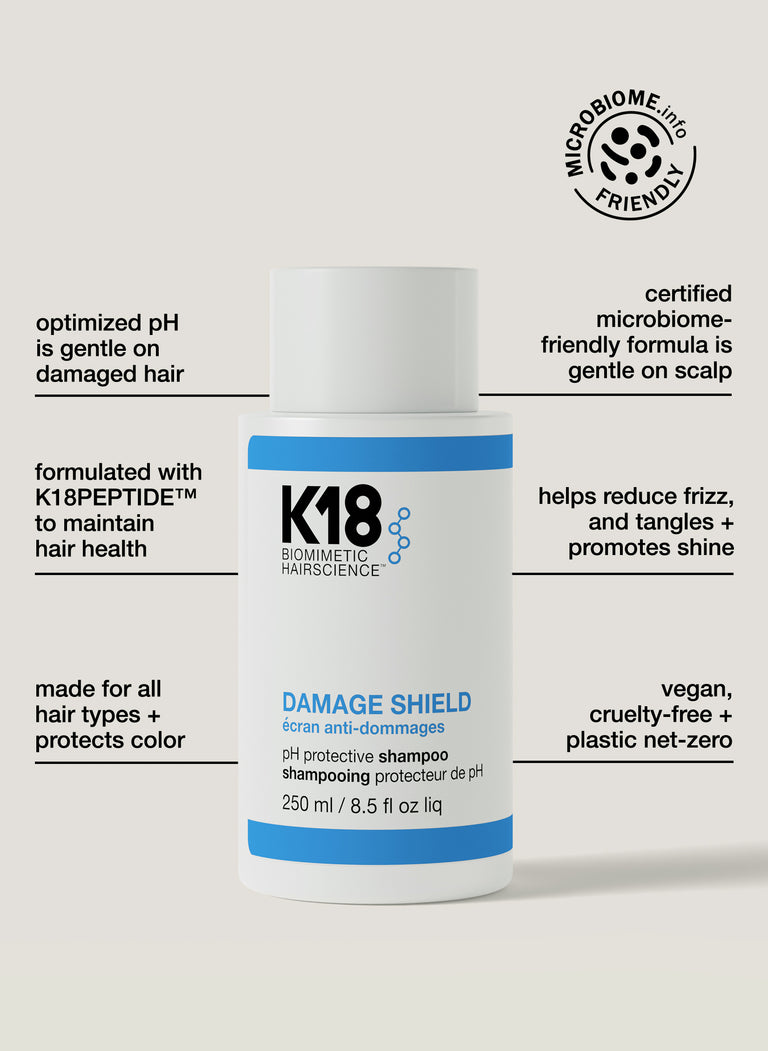 image-of-damage-shield-ph-shampoo-ph-shampoo-benefits-optimized-ph-is-gentle-on-damaged-hair-certified-microbiome-friendly-formula-is-gentle-on-scalp-formulated-with-k18peptide-to-maintain-hair-health-help-reduce-frizz-and-tangles-promotes-shine-made-for-all-hair-types-protects-color-vegan-cruelty-free-plastic-net-zero