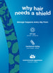 Image of hair strand graphic: why hair needs a shield, damage happens every day from: uv rays, mechanical styling, environmental aggressors, damage happens at every level