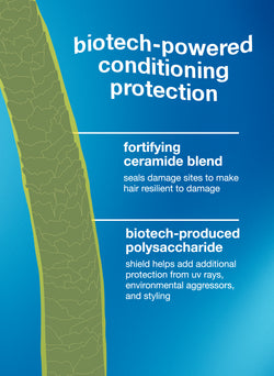 Imagen del gráfico de un mechón de cabello: protección contra daños de adentro hacia afuera, exterior: mezcla de cerámica + polisacárido producido biotecnológicamente. Interior: K18PEPTIDETM