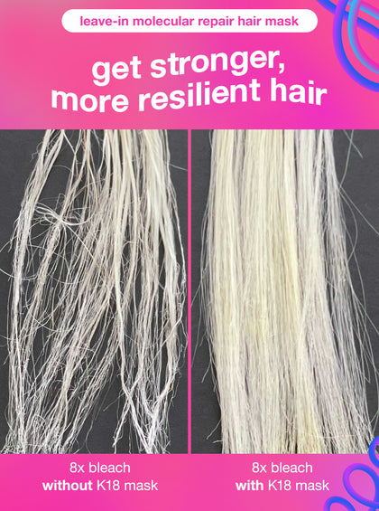Comparación de mechones de cabello antes y después de usar una mascarilla K18 en cabellos que han sido decolorados ocho veces.