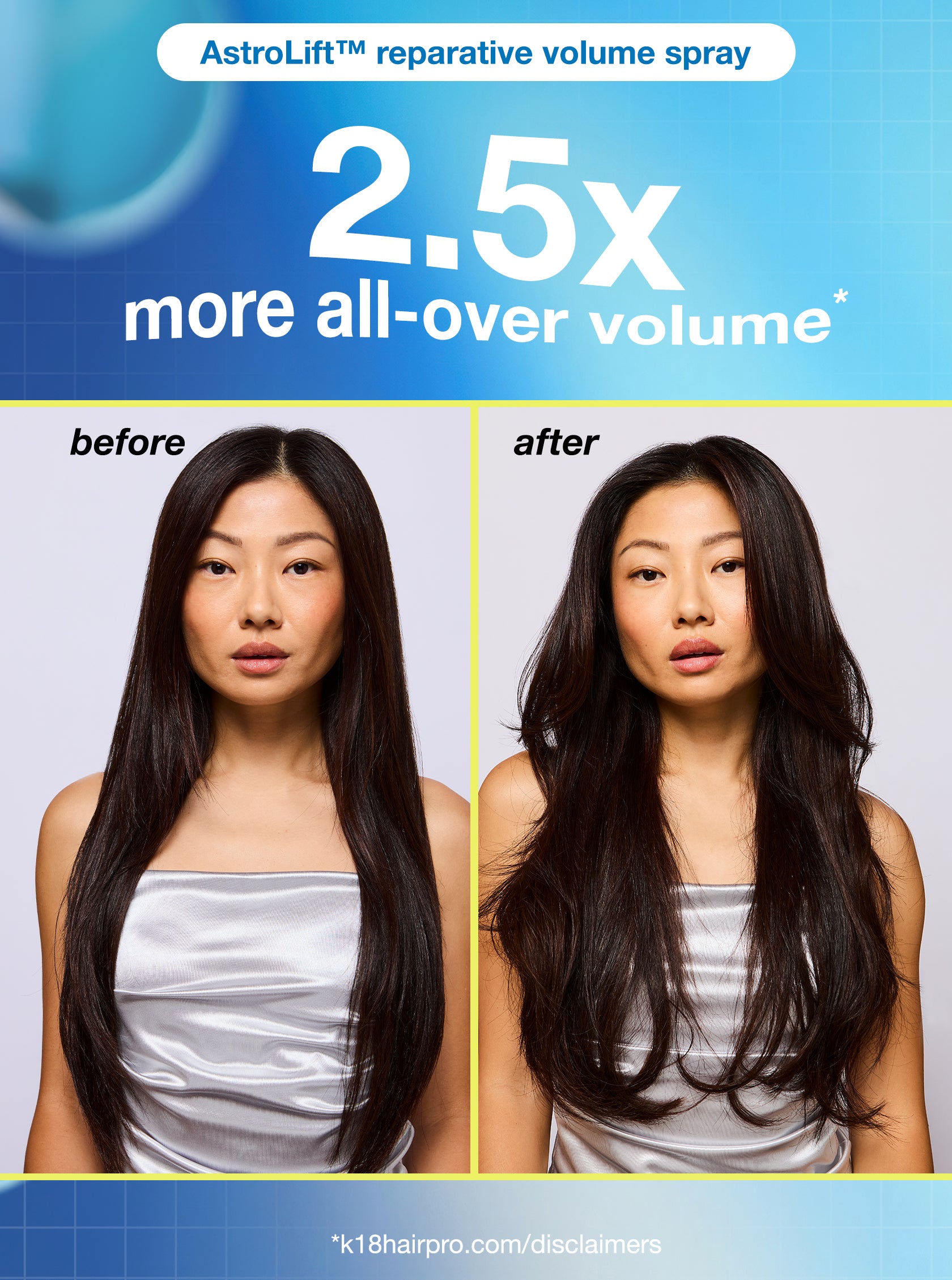 Comparación del antes y después del volumen del cabello de una mujer usando el spray de volumen reparador AstroLift.
