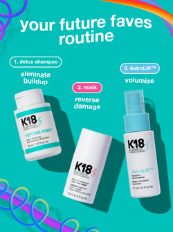 Productos para el cuidado del cabello K18 con un texto promocional sobre una "rutina favorita del futuro" sobre un fondo verde azulado.