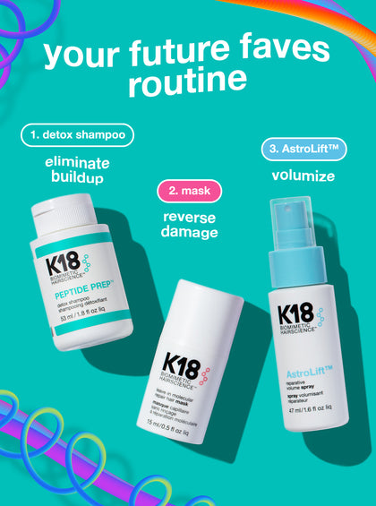 Productos para el cuidado del cabello K18 con un texto promocional sobre una "rutina favorita del futuro" sobre un fondo verde azulado.