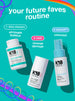 Productos para el cuidado del cabello K18 con un texto promocional sobre una "rutina favorita del futuro" sobre un fondo verde azulado.