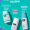 K18 hair care products with a promotional text about a 'future faves routine' on a teal background.
