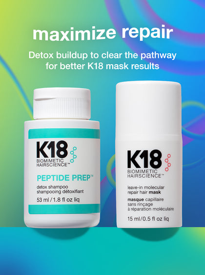 Productos para el cuidado del cabello K18 con texto "maximizar reparación" sobre un fondo colorido