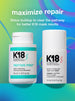 Productos para el cuidado del cabello K18 con texto "maximizar reparación" sobre un fondo colorido