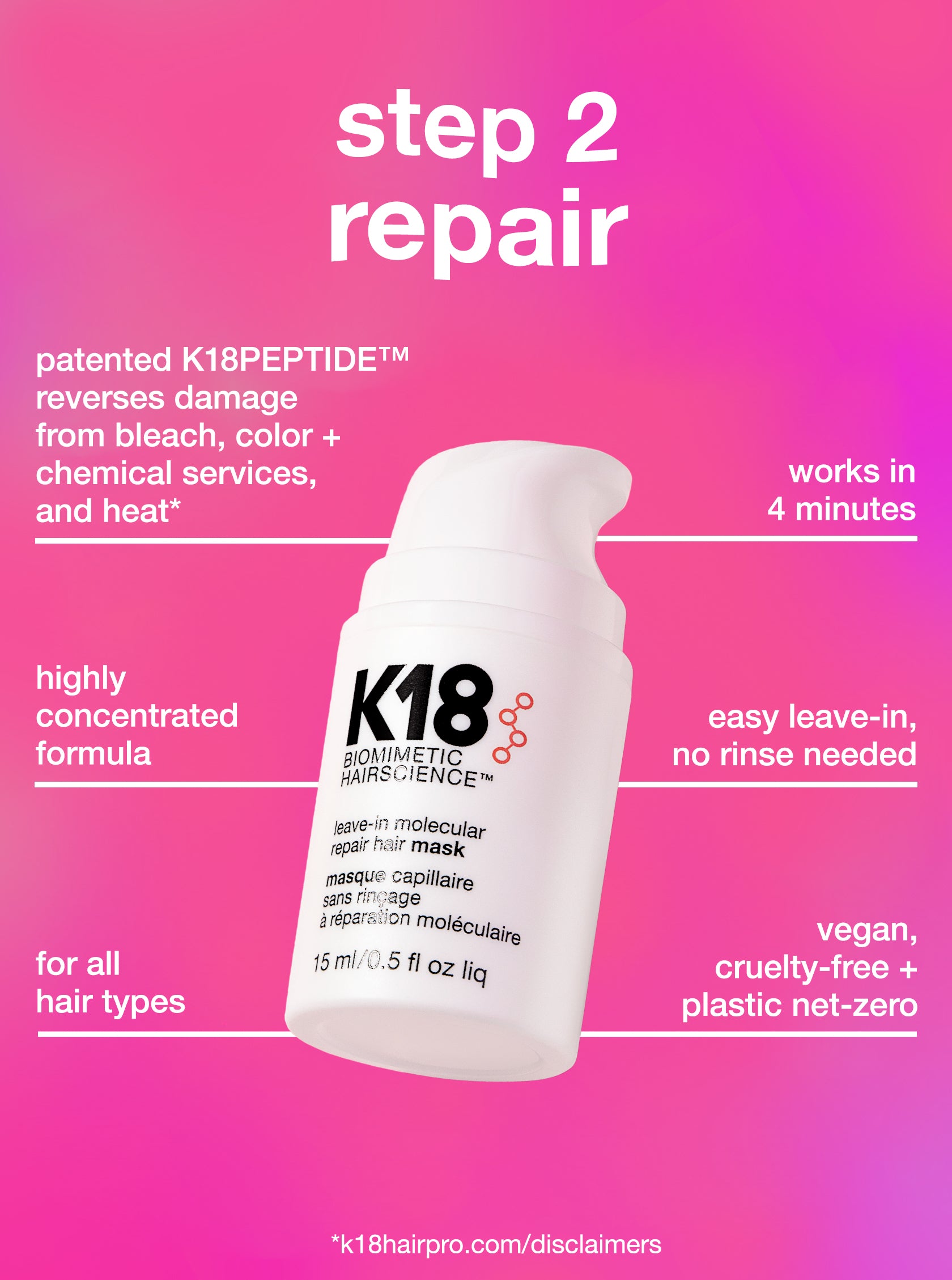 Frasco de mascarilla capilar K18 con características del producto sobre un fondo rosa degradado