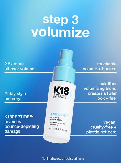 Botella pulverizadora para dar volumen al cabello K18 con características del producto sobre fondo azul