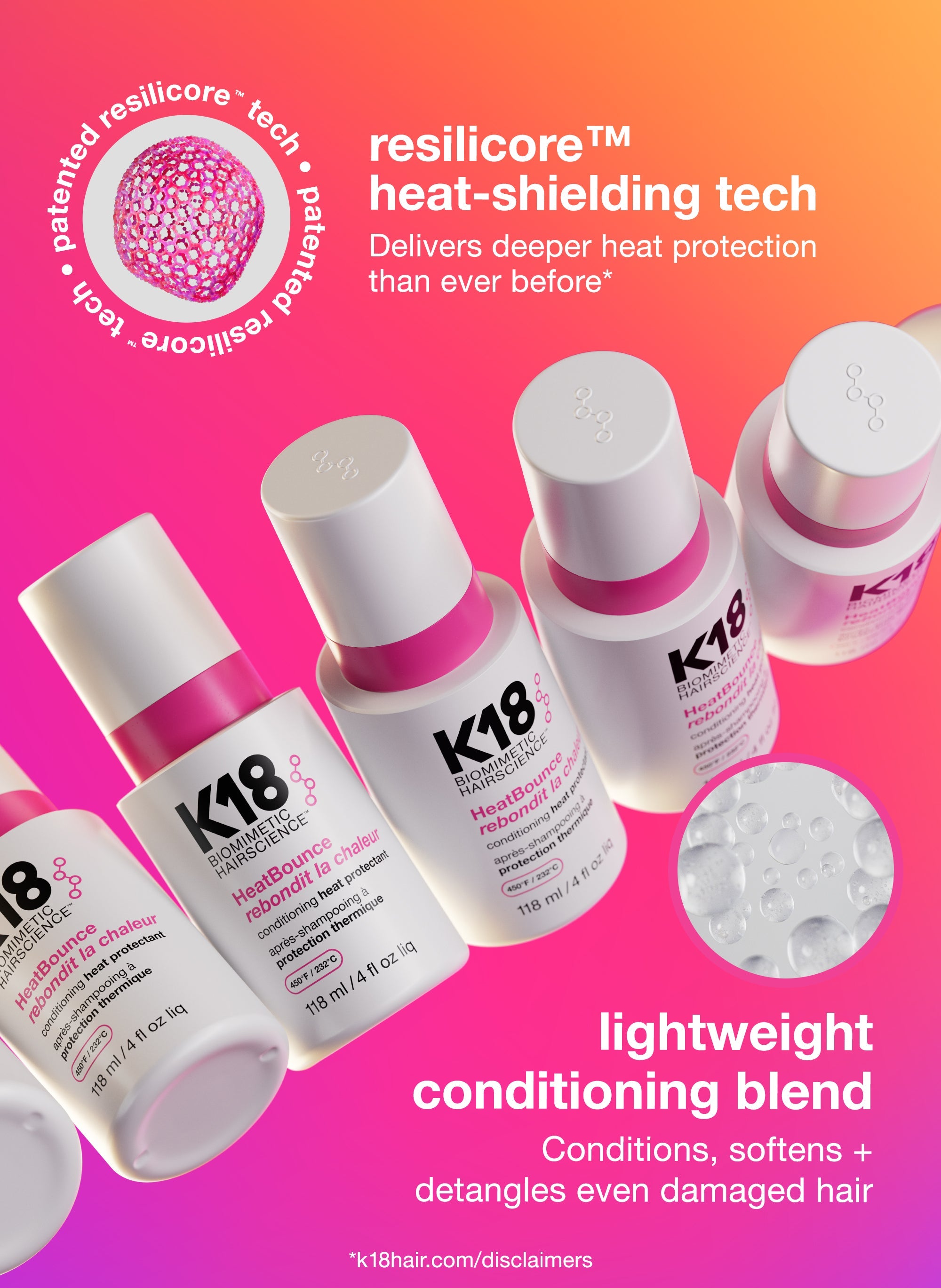 K18 Heatbounce Protector térmico con tecnología de protección térmica ressilicore sobre fondo rosa