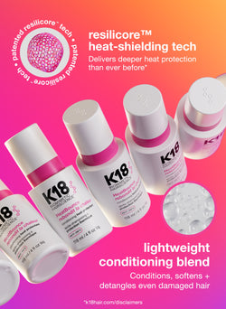 K18 Heatbounce Protector térmico con tecnología de protección térmica ressilicore sobre fondo rosa