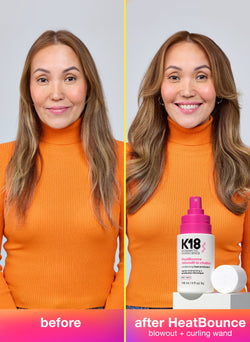 Comparación del antes y después del cabello de una mujer con el producto K18 HeatBounce.