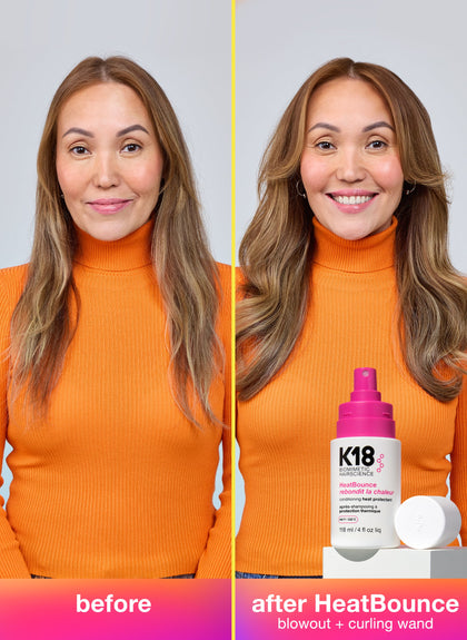 Comparación del antes y después del cabello de una mujer con el producto K18 HeatBounce.