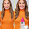 Before and after comparison of a woman's hair with K18 HeatBounce product.