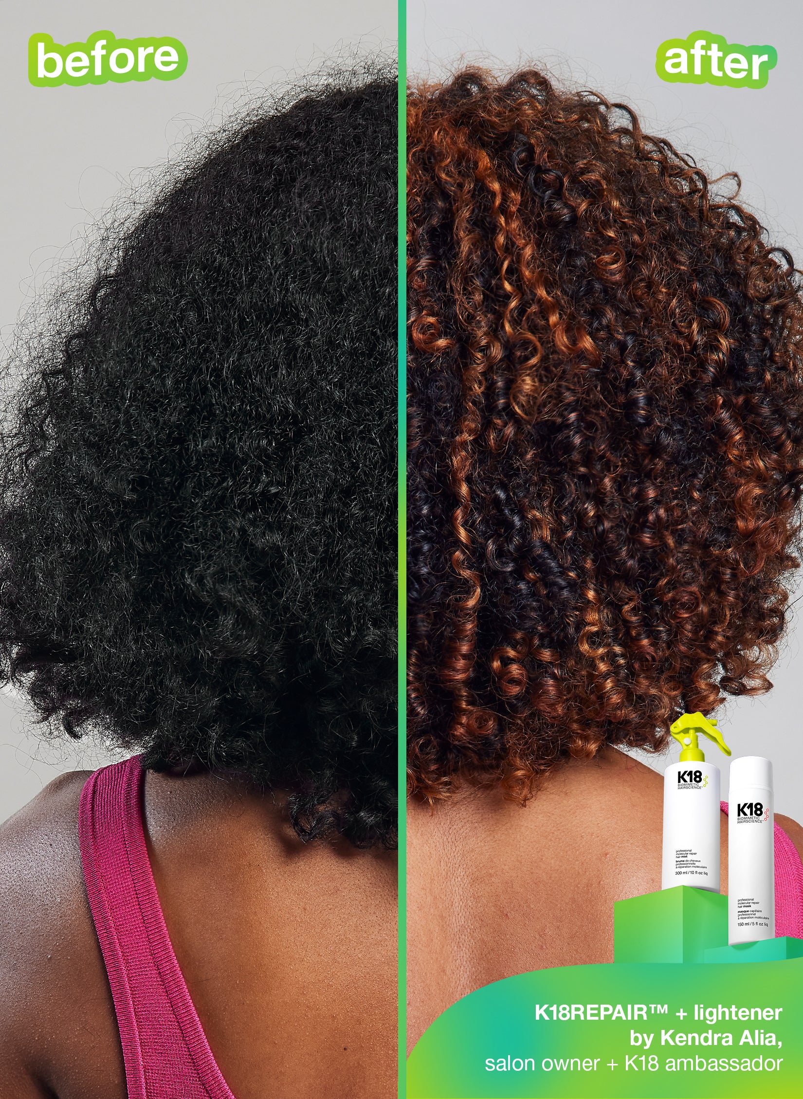 Before and after using k18 professional leave in hair mask and professional hair mist. 