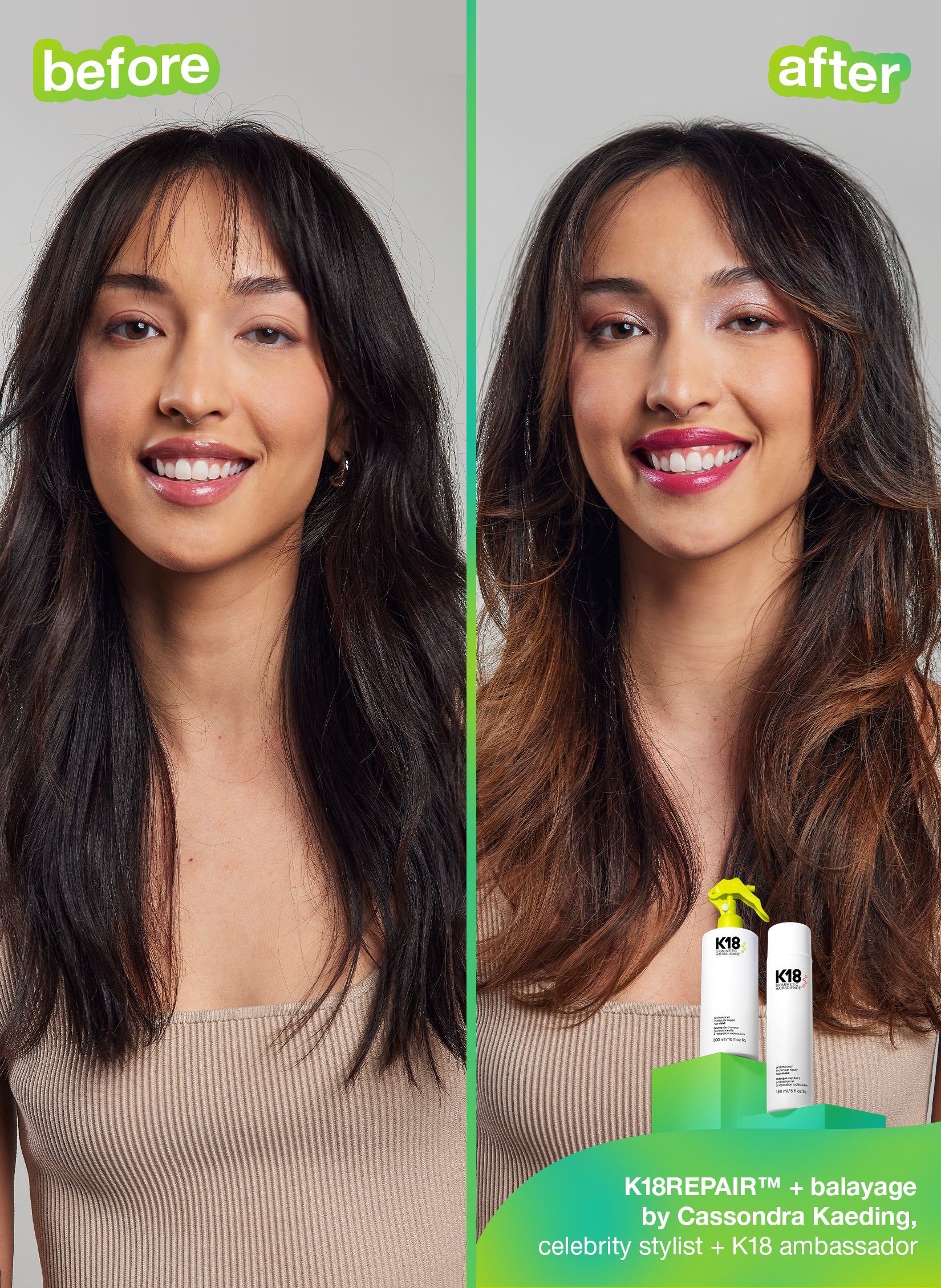 Before and after using k18 professional leave in hair mask and professional hair mist. 