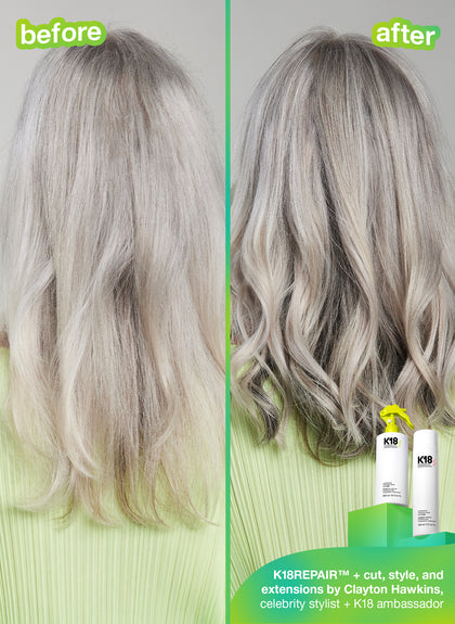 Before and after using k18 professional leave in hair mask and professional hair mist. 