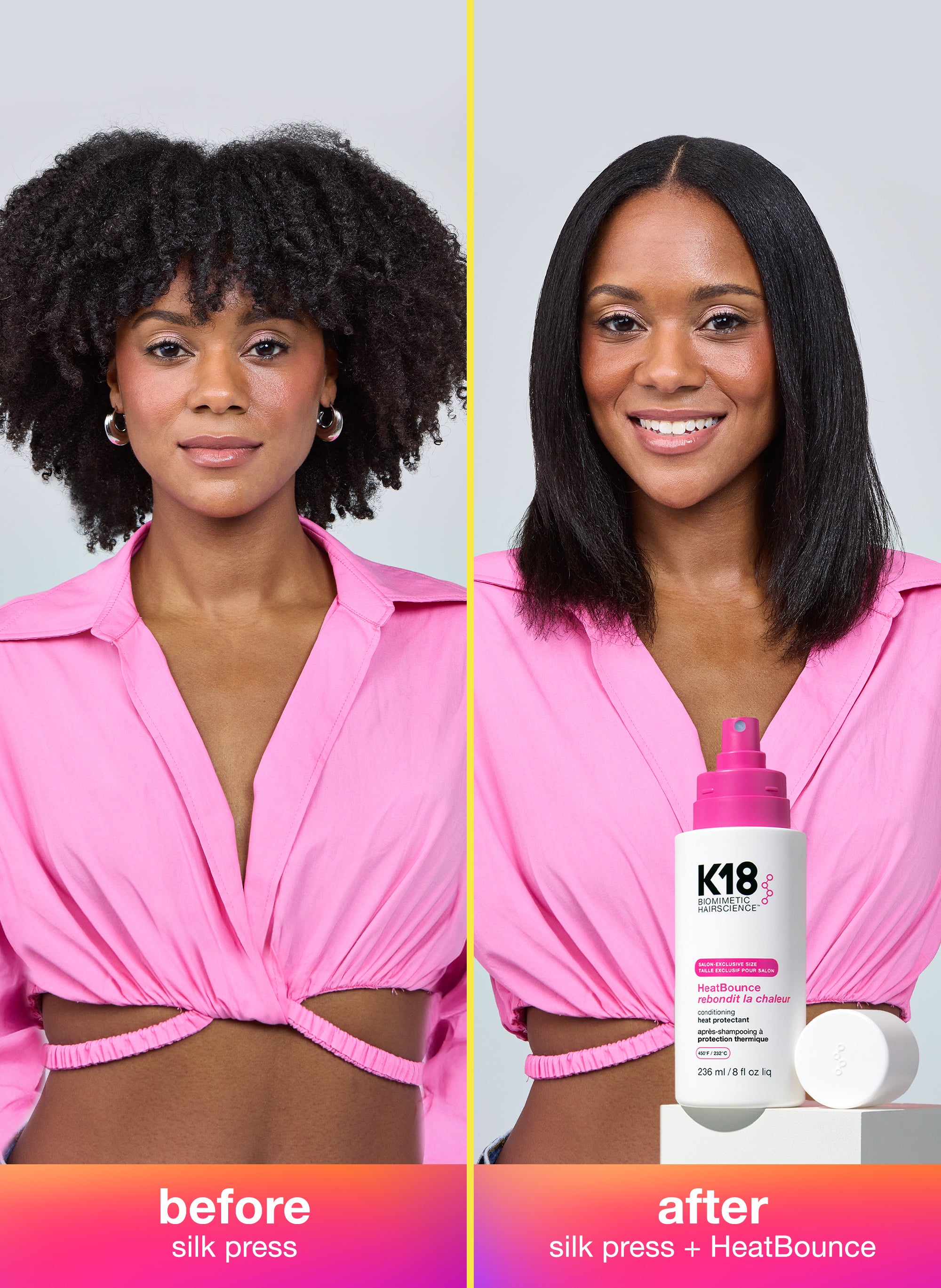Before and after comparison of a woman using K18 hair product, with a bottle of K18  HeatBounce product in the foreground.