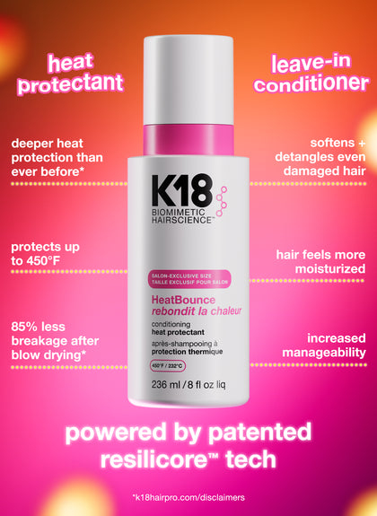 K18 leave-in conditioner bottle with promotional text on a colorful background. Powered by patented resilicore™ tech