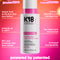 K18 leave-in conditioner bottle with promotional text on a colorful background. Powered by patented resilicore™ tech