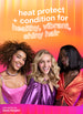 Three women with styled hair against a colorful background with text about heat protection + conditioning for healthy, vibrant, shiny hair
