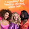 Three women with styled hair against a colorful background with text about heat protection + conditioning for healthy, vibrant, shiny hair