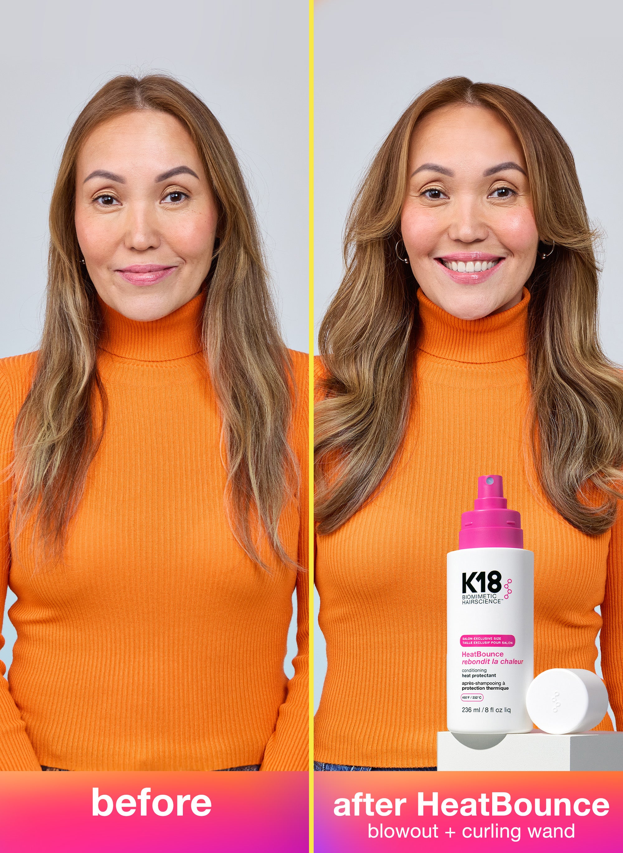 Before and after comparison of a woman's hair with K18 HeatBounce product.