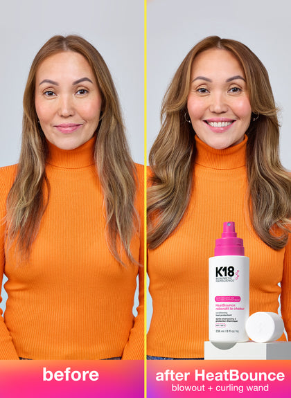 Before and after comparison of a woman's hair with K18 HeatBounce product.