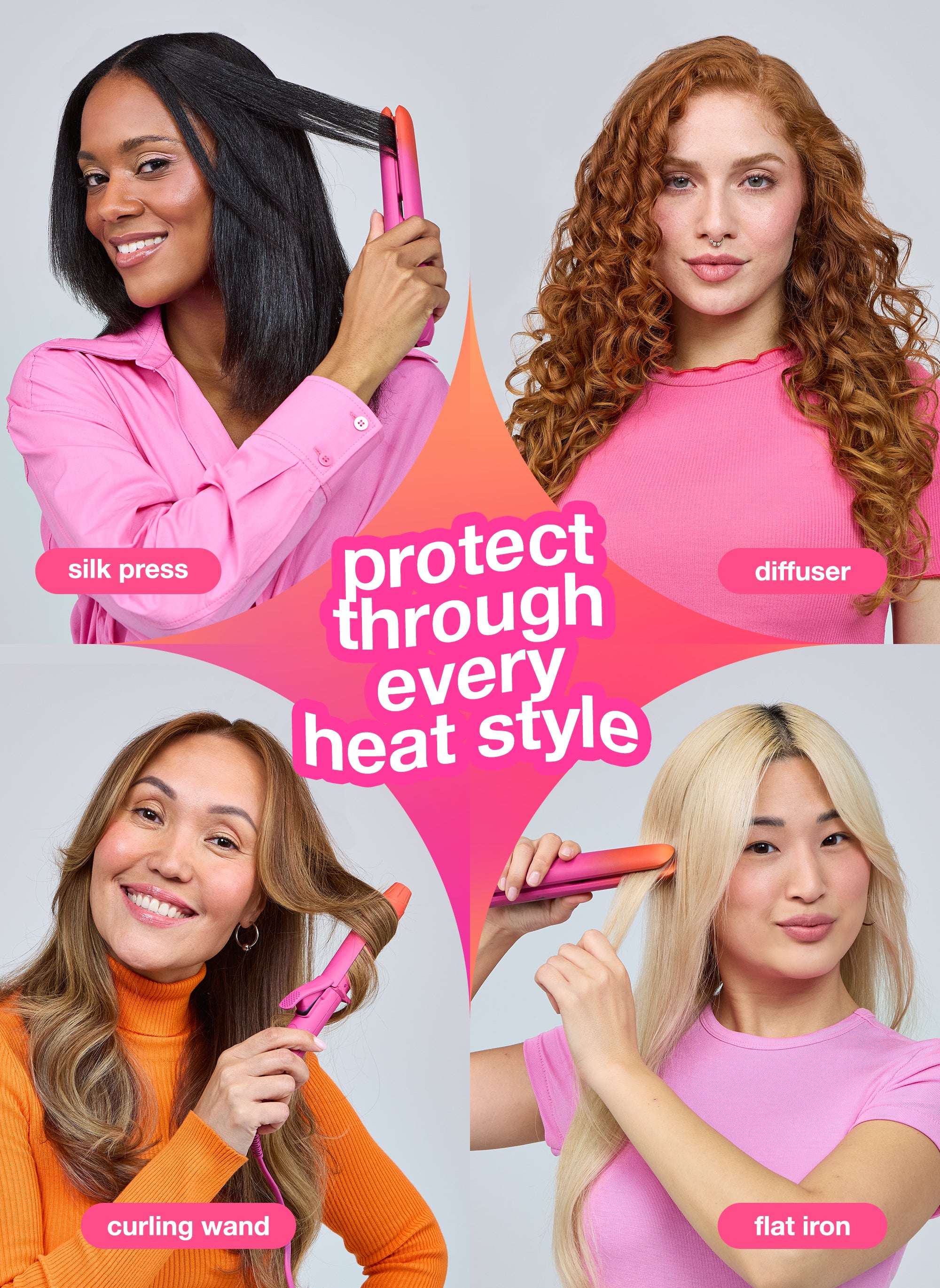 Four women using a hair styling tool with text indicating different heat styling tools.