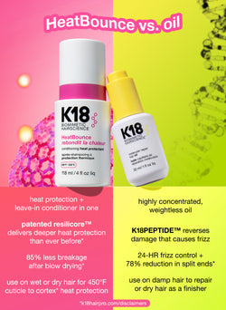 K18 HeatBounce hair product and oil on a pink and yellow background with text comparing their features.
