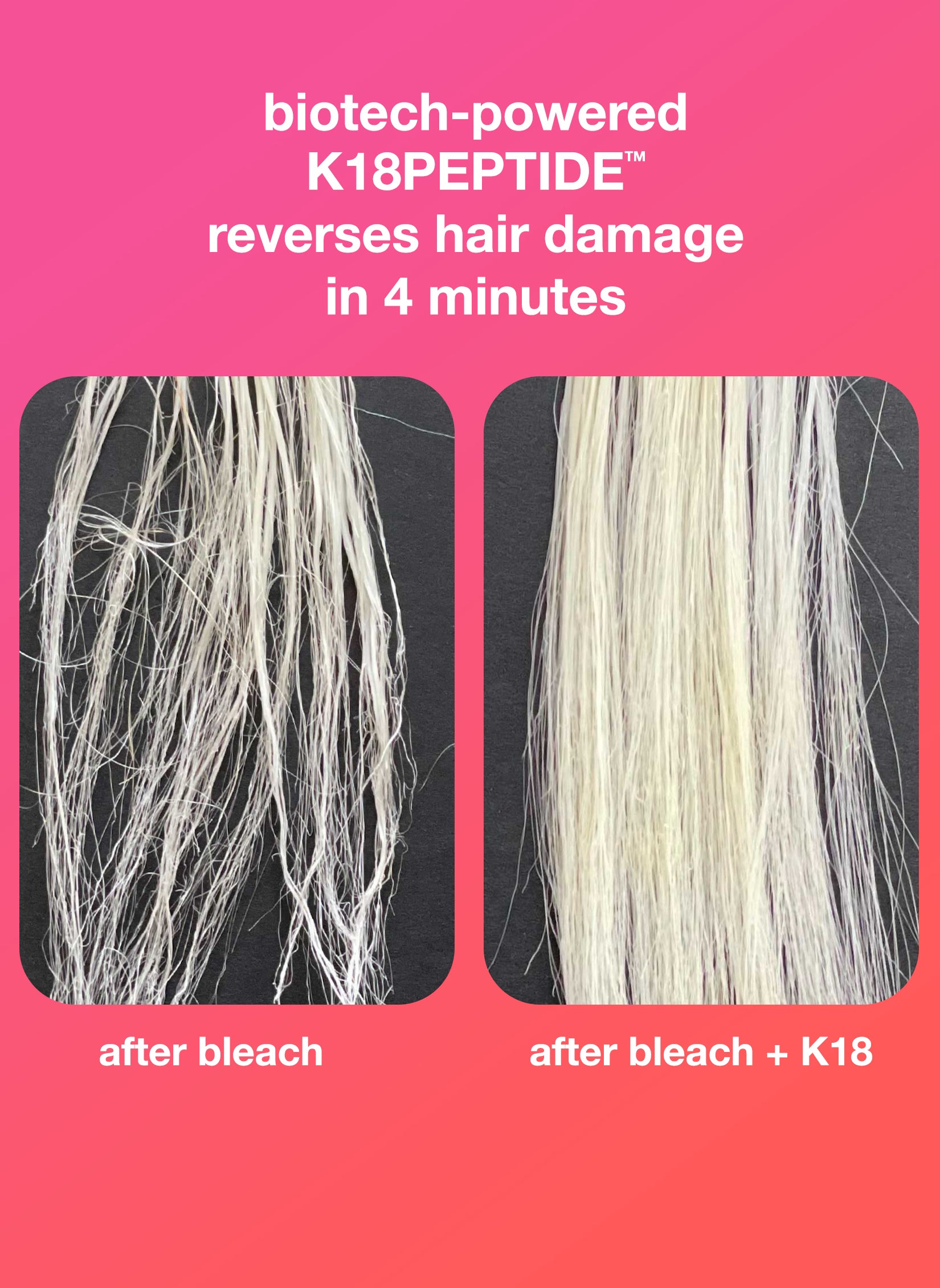 Biotech-powered K18PEPTIDE(TM) reverses hair damage in 4 minutes. Straight hair after bleach without K18and straight hair after bleach with K18.