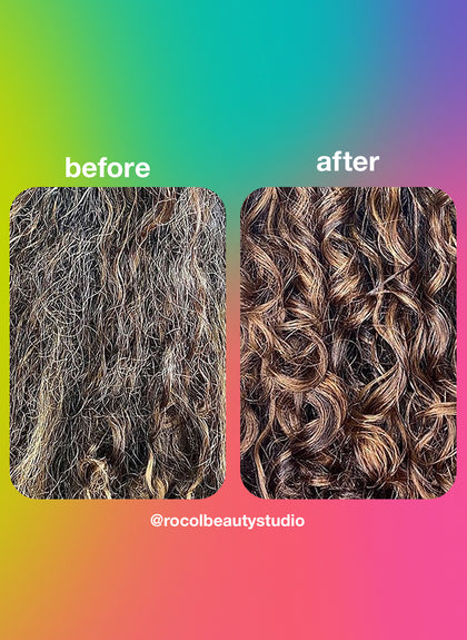 Cabello rizado antes de usar la mascarilla K18 y cabello rizado después de usar la mascarilla K18. 